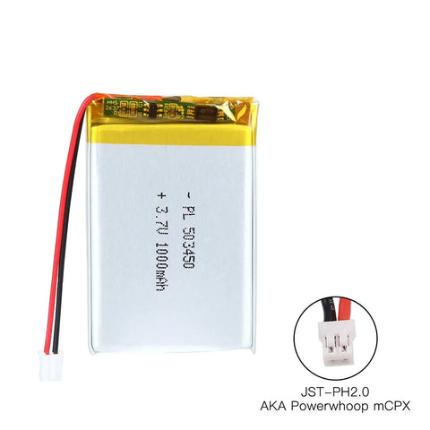 High Capacity 3.7V 1000mAh LiPo Battery 503450 with 2P PH 2.0mm pitch connector and wire details for RC toys and gadgets
