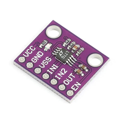 LTC1966 True RMS To DC Converter Module for micropower apps, purple circuit board with multiple input-output pins