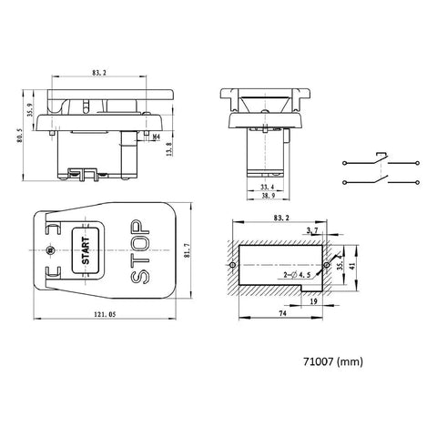Schematic of Top Shelf Dual Voltage Paddle Switch Kit With Mounting Bolts for table saws and drill presses, showing dimensions.