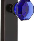 New York Plate Waldorf Cobalt Door Knob Set In Timeless Bronze For Passage Doors Solid Forged Brass Plates With Lead Crystal Knobs