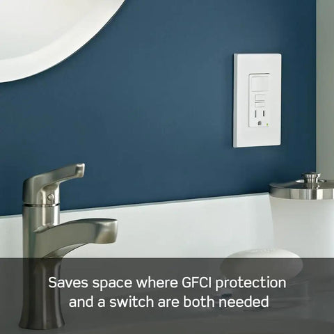 GFCI Outlet With Built-In Switch Combo 15 Amp Tamper-Resistant Self Test LED Indicator Light White GFSW1-W in bathroom setting