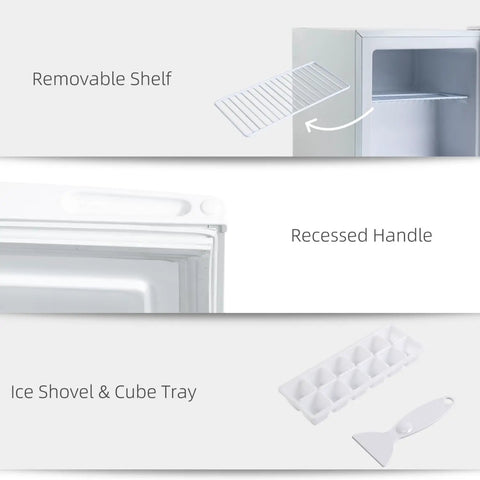 Hella Quiet 1.1 Cu Ft Countertop Upright Mini Freezer In Snazzy Steel White with removable shelf, recessed handle, and ice shovel.
