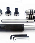 Threading And Tapping Attachment For Lathe Tailstock Die Holder Set Pro Grade Tool Steel Includes Die Holder Sizes Thirteen Sixteenths Inch One Inch And One And A Half Inch Tap Chuck Capacities Zero To Quarter Inch And Quarter To Half Inch tool components on white background.