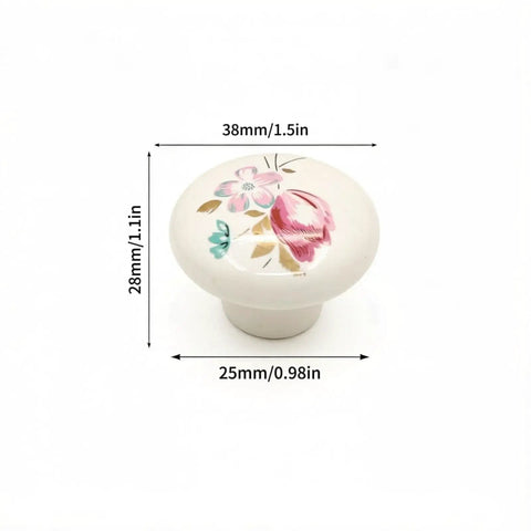 Ceramic Hand Painted Flower Drawer Knobs Set With Old School Vintage White Floral Cabinet Pulls for 4 Pack, shown with dimensions