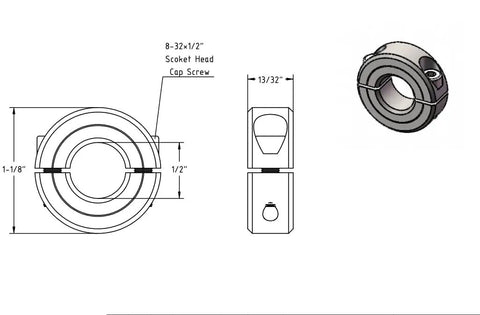 Half Inch Bore Shaft Collar Double Split Carbon Steel With Set Screws diagram showing dimensions and design details