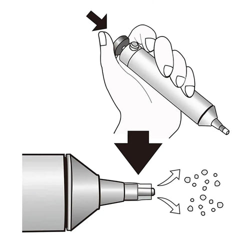 Illustration of Pro Grade Desoldering Pump Solder Sucker For Quick Clean Melted Solder Removal Made In Japan, showing operation and nozzle.