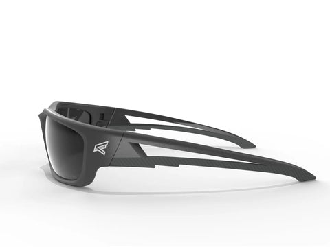 Side angle of XL Wide Fit Polarized Wrap Around Safety Glasses Black Frame Smoke Lens All Day Ultra Durable Anti Scratch Non Slip