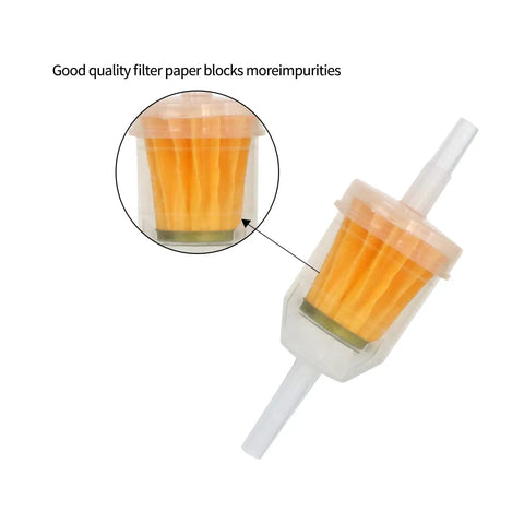 Close-up view of the High Flow Inline Fuel Filter for Lawn Mowers and Small Engines with Wide Compatibility for 5/16 and 1/4 Inch Fuel Lines.