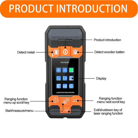Dead On 4 In 1 Stud Finder Wall Scanner With Laser Range Finder for detecting wood studs and metal, featuring display and buttons.