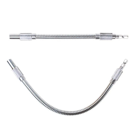 Two Piece Workhorse Flexible Extension Drill Bit Holder With Magnetic Quarter Inch Hex Shank Quick Change Flex Shaft shown straight and bent