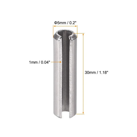 Slotted Spring Pin M5 x 30mm 304 Stainless Steel Roll Pin Dowel Pin Plain Finish Axial Slotted With Chamfered Ends For Precise Positioning Durable Fasteners 10 Pack, showing dimensions.