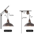 Industrial Pulley Pendant Light With Plug In E26 Socket Vintage Hanging Lamp 16.4 Ft Cord On Off Switch Aged Bronze, installation examples for sloped and flat ceilings, two-pack.