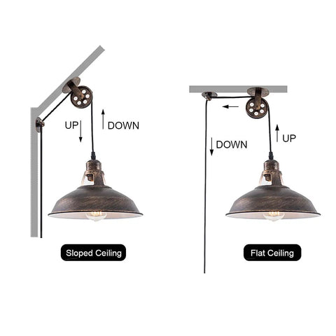 Industrial Pulley Pendant Light With Plug In E26 Socket Vintage Hanging Lamp 16.4 Ft Cord On Off Switch Aged Bronze, installation examples for sloped and flat ceilings, two-pack.
