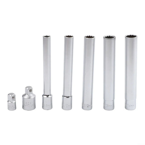 Heavy Duty Chrome Vanadium Socket Head Set With Three Eighth Inch Drive Extra Long 120mm Reach Six Piece Metric Sockets From 8mm To 14mm With Adapters For Electric And Pneumatic Tools Built Tough, displayed set of sockets in various sizes on white background