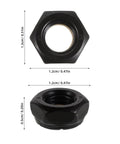 Heavy Duty M8 Locking Nuts For Skateboard Trucks 50 Piece Bombproof Iron Hardware Kit showing black zinc finish with dimensions.