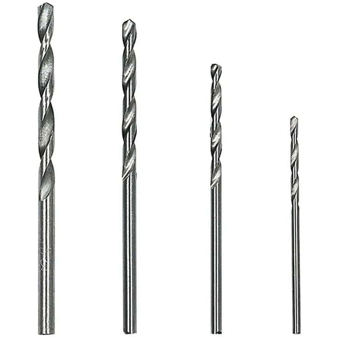 40 Piece Mini Drill Bit Set 0.5mm To 2.0mm Straight HSS Twist Bits, four drill bits in varying sizes on white background.