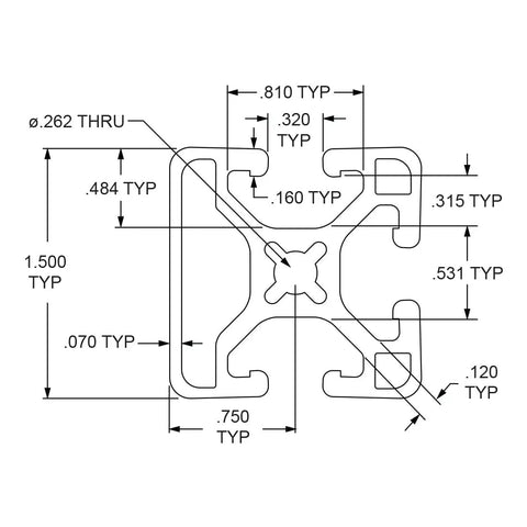 Tri Slotted 1.5 Inch By 1.5 Inch Aluminum Extrusion, 15 Series, Smooth Light Profile, 6063-T6 Aluminum, Clear Anodized Finish, 80 20 Compatible, 48 Inch Length, Ideal For Linear Rails, Framing, CNC Guides, And DIY Projects cross-section drawing