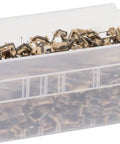 Heavy Duty Plastic Shelf Bins For Garage, Closet And Drawer Organization, Clear 12 X 6.5 X 4 Inch Bins, 12 Pack with contents inside