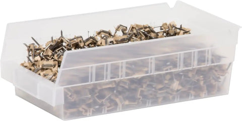 Heavy Duty Plastic Shelf Bins For Garage, Closet And Drawer Organization, Clear 12 X 6.5 X 4 Inch Bins, 12 Pack with contents inside