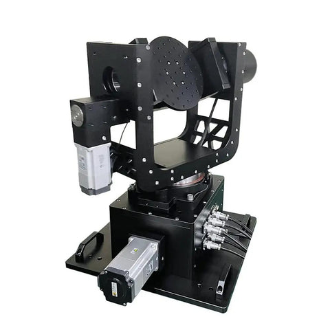 High Precision Motorized Three Dimensional Rotary Stage For Top Notch Micropositioning In Research Labs With Smooth Multi Axis Movement Great For Metrology Imaging And CNC Setups Stepper Motor Controllers Sold Separately, shown with visible motor attachments.