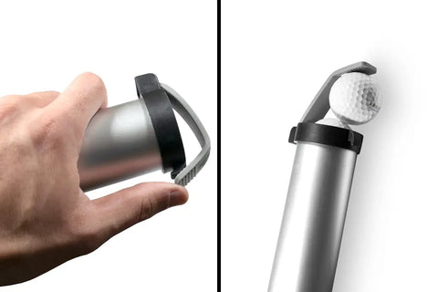 Aluminum Shag Tube Golf Ball Shagger And Dispenser with rubber strap, side view, hand holding tube next to easy pick end with golf ball.