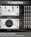 Measurements and components of 12 Pack Cabinet Hinge Repair Kit With Hinge Fixing Plates For Kitchen Cabinets, includes screws.
