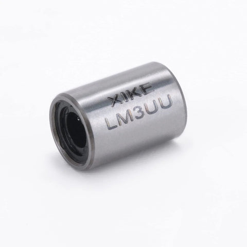 Close-up of LM3UU linear bearings for CNC and 3D printers by XIKE, showcasing durable chrome steel design for low friction performance.