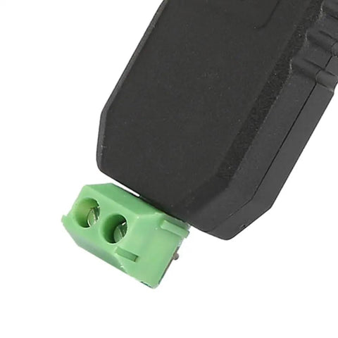 USB to RS485 Converter Adapter close-up view showing plug connection details with green terminal, part of 2 pack self powered kit