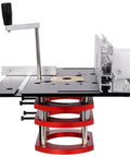 Rock Solid CNC Aluminum Router Table Lift System Featuring Smooth Anodized Finish And Two Inch Stroke Giving Dead On Millimeter Micro Adjustment For Serious Woodworking Tasks side view with manual crank and sturdy base.
