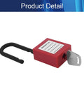 3 Pack Lockout Tagout Safety Padlocks, Keyed Alike LOTO Locks with steel shackle, red compact padlock with key inserted.