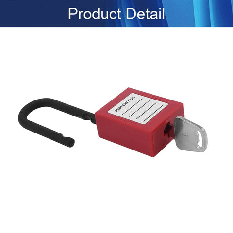 3 Pack Lockout Tagout Safety Padlocks, Keyed Alike LOTO Locks with steel shackle, red compact padlock with key inserted.
