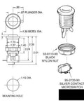 Six Pack American Style Standard Arcade Buttons Switchable Happ Type 30mm Push Button Set diagram with dimensions.