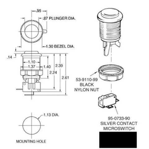 Six Pack American Style Standard Arcade Buttons Switchable Happ Type 30mm Push Button Set diagram with dimensions.