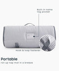 All In One Toddler Nap Mat With Pillow And Blanket For Kids 3 Plus Gray Ticking Stripe rolled up with name tag pocket