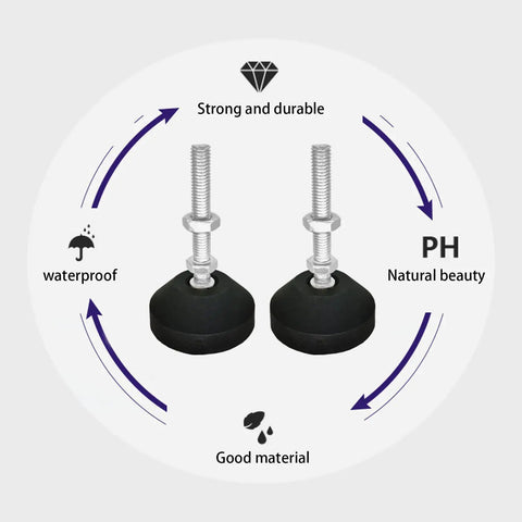Adjustable Threaded Pole Leveling Feet For Furniture Glide 4 Pack M8x50mm and M8x1.25mm, black and silver tone, shown with material features.