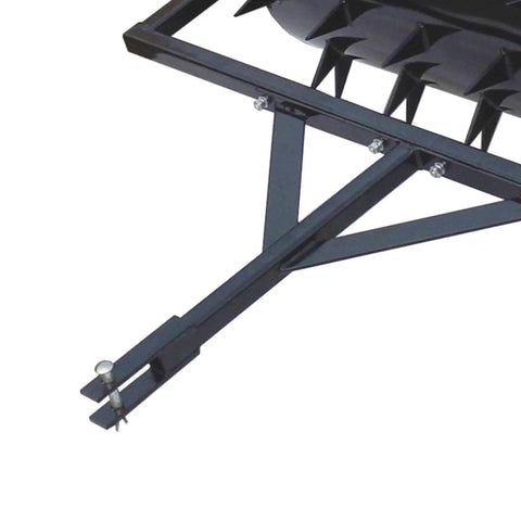 Close-up of 48 Inch Wide Drum Spike Aerator with Pin Style Hitch and Lawn Roller, showing black metal frame and spikes.