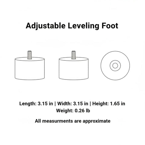 Heavy Duty Adjustable Leveling Foot With Rubber Base And Metal Threaded Leg diagram showing dimensions and design styles
