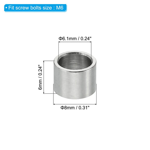 Stainless Steel Spacers 6.1mm ID, 8mm OD, 6mm Length, 10 Pack Round Standoffs for M6 Screws, showing dimensions and fit.