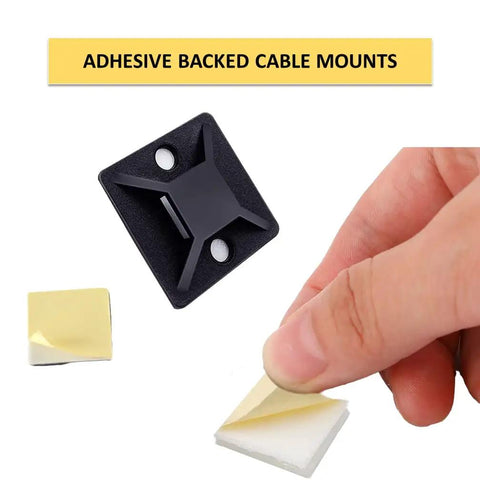 Adhesive Zip Tie Mounts Half Inch Square Black 100 Pack for Quick Cable Management, Nylon Anchor Pads, UV Resistant, Peel and Stick