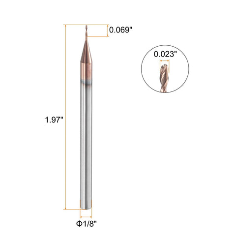 Ball Nose End Mill 2 Flute 0.023 Inch Diameter 1/8 Inch Shank Tungsten Carbide Uncoated CNC Router Bit For Carving Engraving And Grinding 0.069 Inch Cutting Length Single End shown with dimensions
