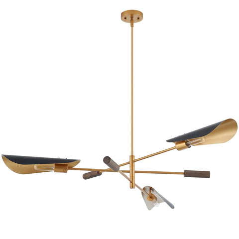 51 Inch Industrial Farmhouse Chandelier With Antique Brass Brush Finish And Matte Black Wood Pendant Lighting