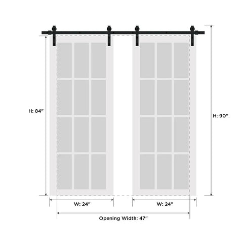 Heck Of An Upgrade Totally Smooth Double Barn Door Pair White Frame With Clear Glass 12 Lites 48X84 Inches dimensions diagram.