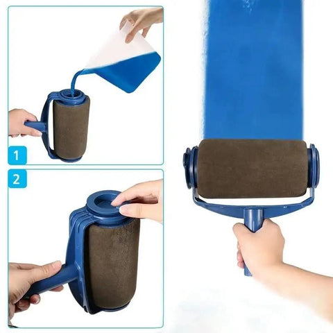 8 piece multifunctional paint roller corner brush kit in use, pouring paint into roller for quick clean wall painting.