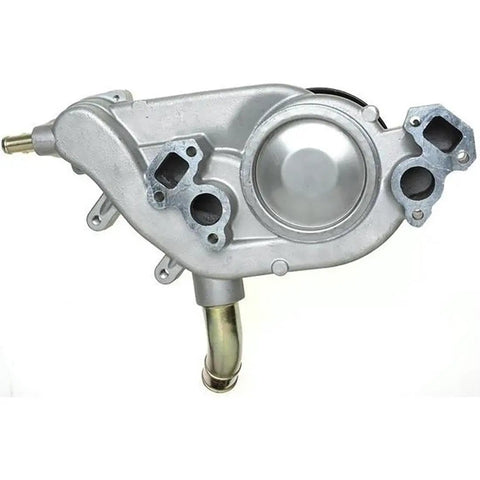 Top Shelf Engine Water Pump To Keep Your Heavy Duty Rig Cool And Cruising Smooth For Hummer H2 2003 To 2006 With 6.0L V8 Or Gmc Savana 2500 From Model Years 2003 Through 2005 Powered By 5.3L V8, silver metal water pump with inlet and outlet fittings.