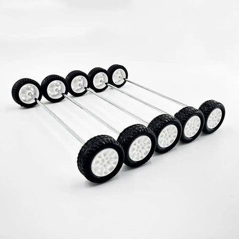 DIY RC Car Wheel Set With 20mm Small Rubber Tires And 2mm Round Shaft Axles, 100mm Long Rods, side view