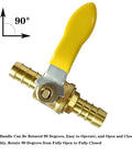 5/8 Inch PEX Brass Ball Valve with yellow handle, showing 90-degree rotation, for hot and cold water shut off, tool-free install