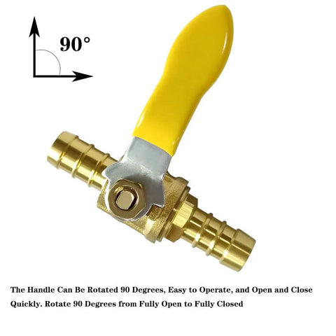 5/8 Inch PEX Brass Ball Valve with yellow handle, showing 90-degree rotation, for hot and cold water shut off, tool-free install