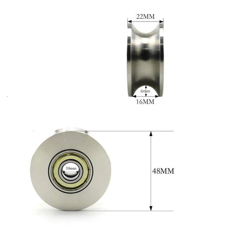U Groove Stainless Steel Silent Pulley Heavy Duty 600 Pound Load, 1.89 Inch Wheel Diameter, 0.86 Inch Wheel Width, 10 Mm Bearing Hole, Pre-Greased for Ultra Smooth Operation, Works Great For Doors, Windows, And Track Systems; stainless pulley with 48mm wheel