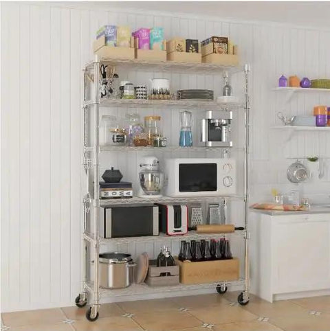Rock Solid Six Tier Wire Shelving Rack With Wheels Dang Sturdy Heavy Duty Metal Storage Cart Fully Adjustable Steel Frame rolls smooth in kitchen