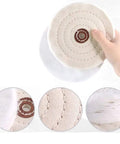 Slick Finish 8 Piece Buffing Wheel And Polishing Compound Set With Quarter Inch Drill Adapter features a thick cotton buffing wheel close-up.